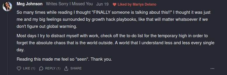 So many times while reading I thought "FINALLY someone is talking about this!!" I thought it was just me and my big feelings surrounded by growth hack playbooks, like that will matter whatsoever if we don't figure out global warming. Most days I try to distract myself with work, check off the to-do list for the temporary high in order to forget the absolute chaos that is the world outside. A world that I understand less and less every single day. Reading this made me feel so "seen". Thank you.