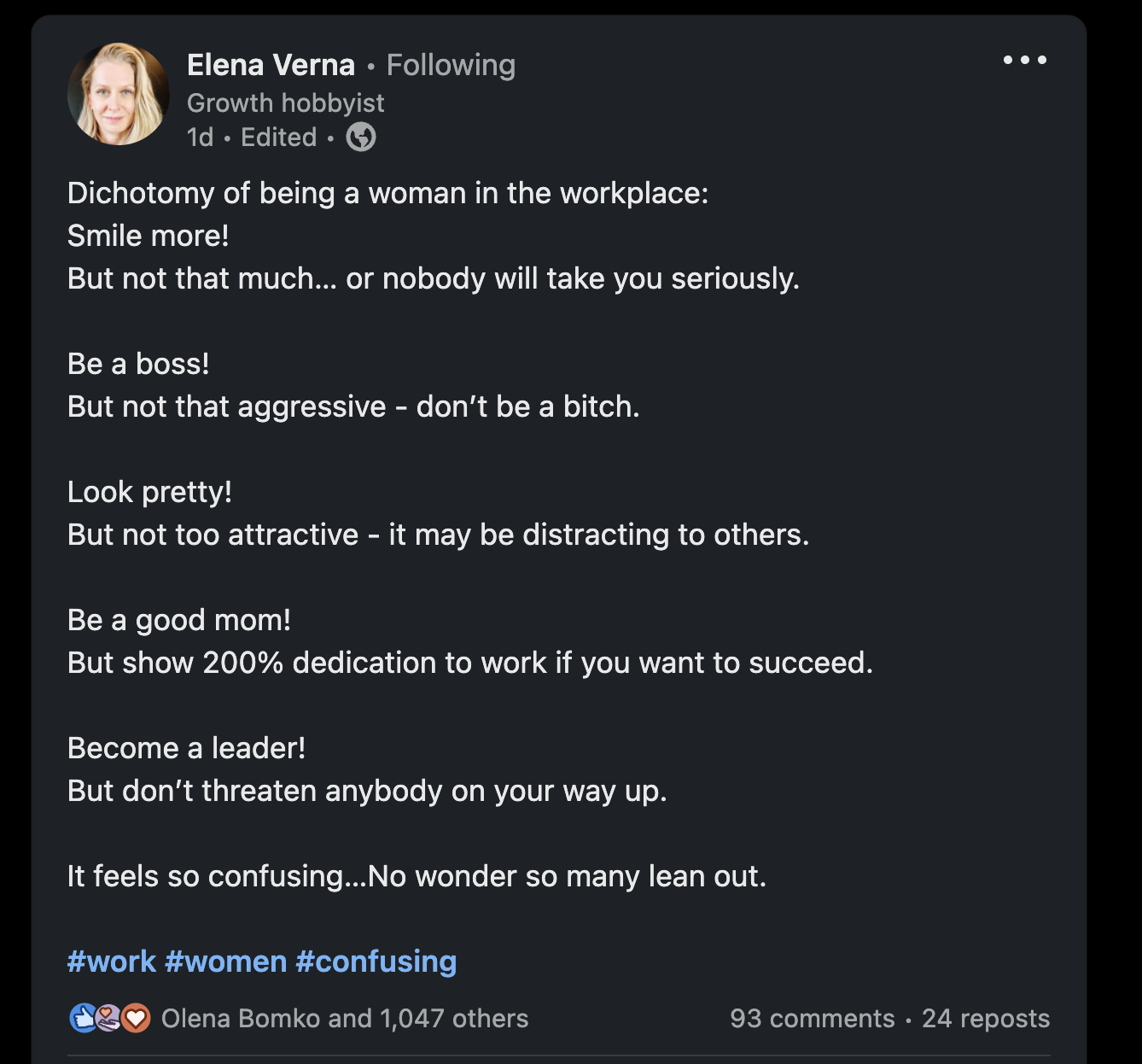 Elena Verna's recent LinkedIn post discussing the toxic expectations that many women still encounter in their careers.