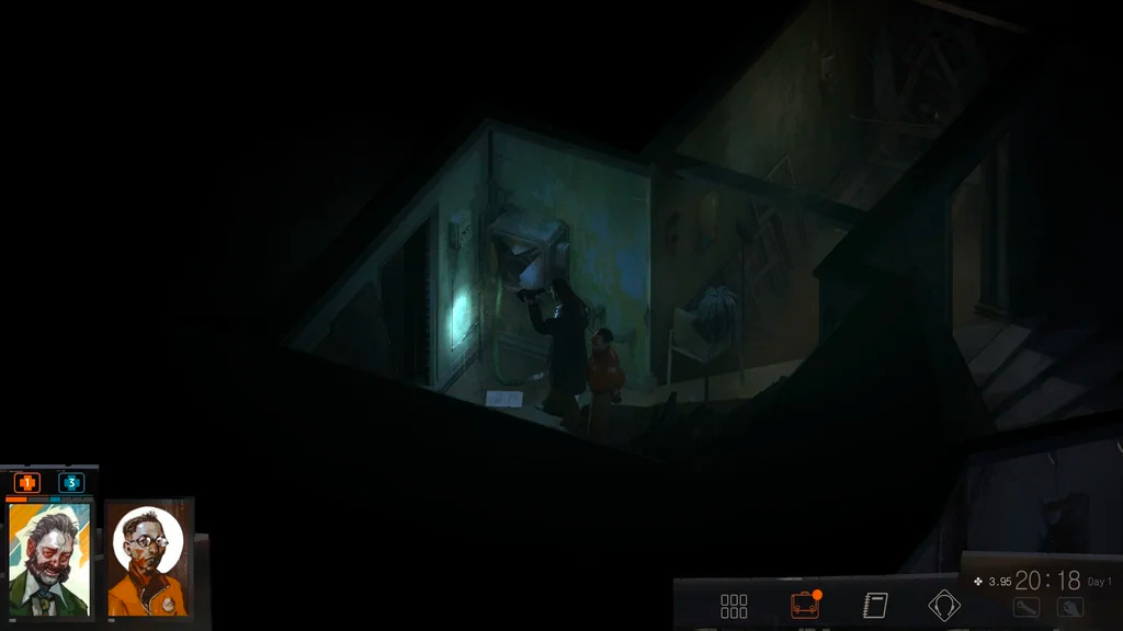 A video game screenshot showing two characters walking around a dark and empty room with a flashlight.