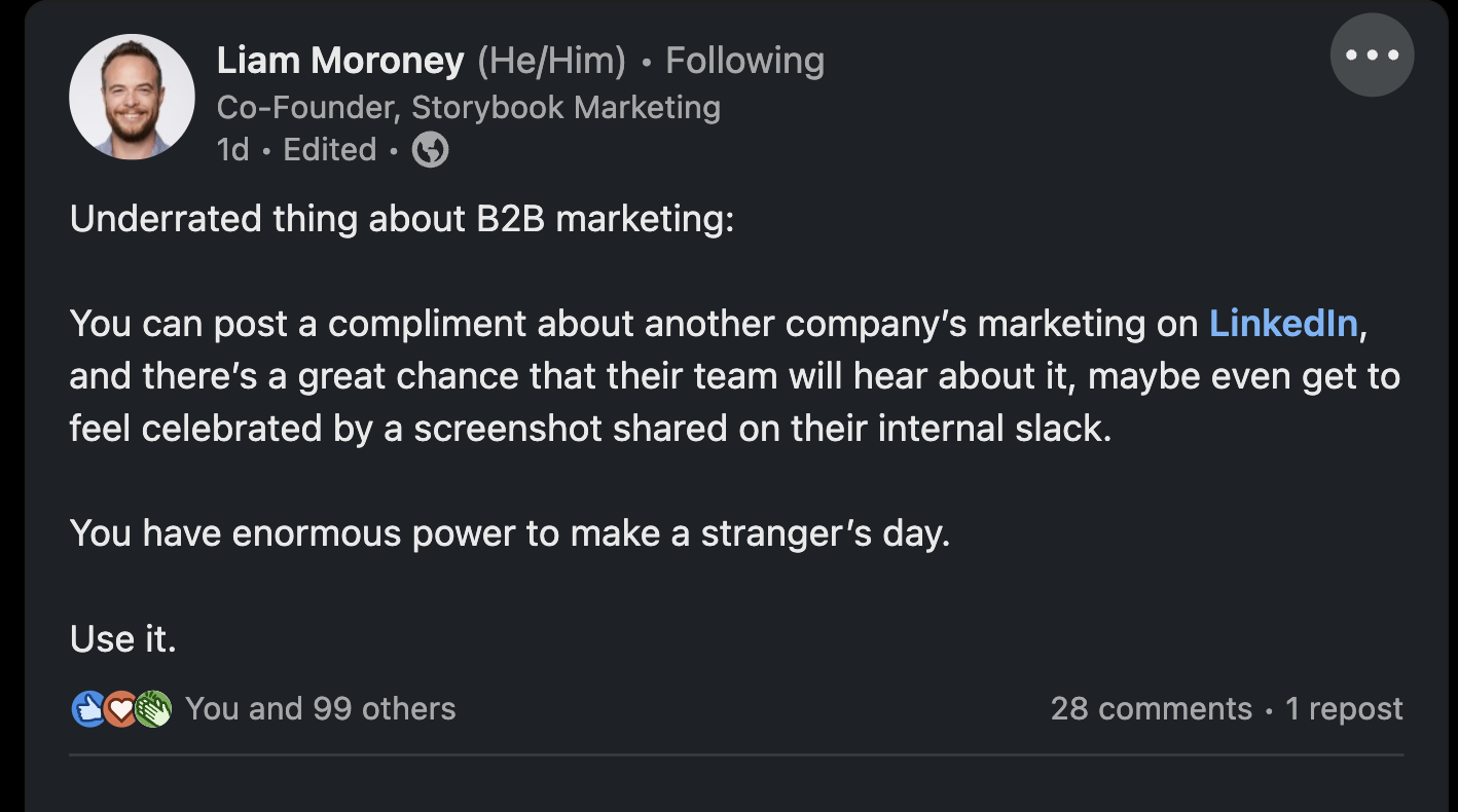 A wonderful post from Liam Moroney on LinkedIn