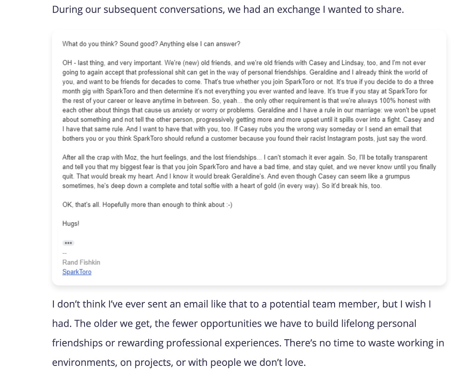 A screenshot from SparkToro's post announcing that Amanda was joining their team. Rand included the full text of an extremely heartfelt email in which he offered Amanda the job.