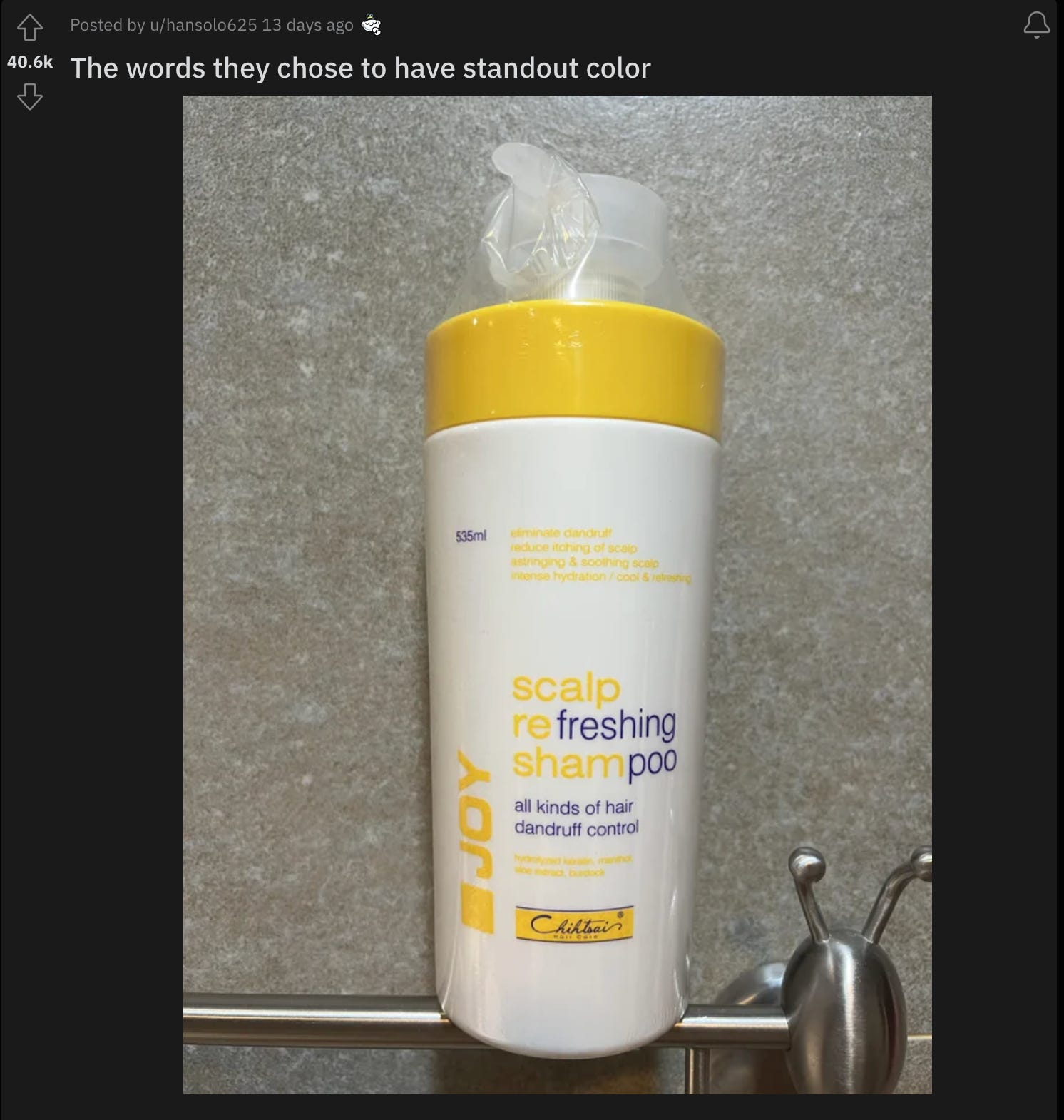 Screenshot of a Reddit post captioned "The words they chose to have a standout color". The post includes a photo of a shampoo bottle labeled "scalp refreshing shampoo" but "freshing" and "poo" are highlighted in a different color.