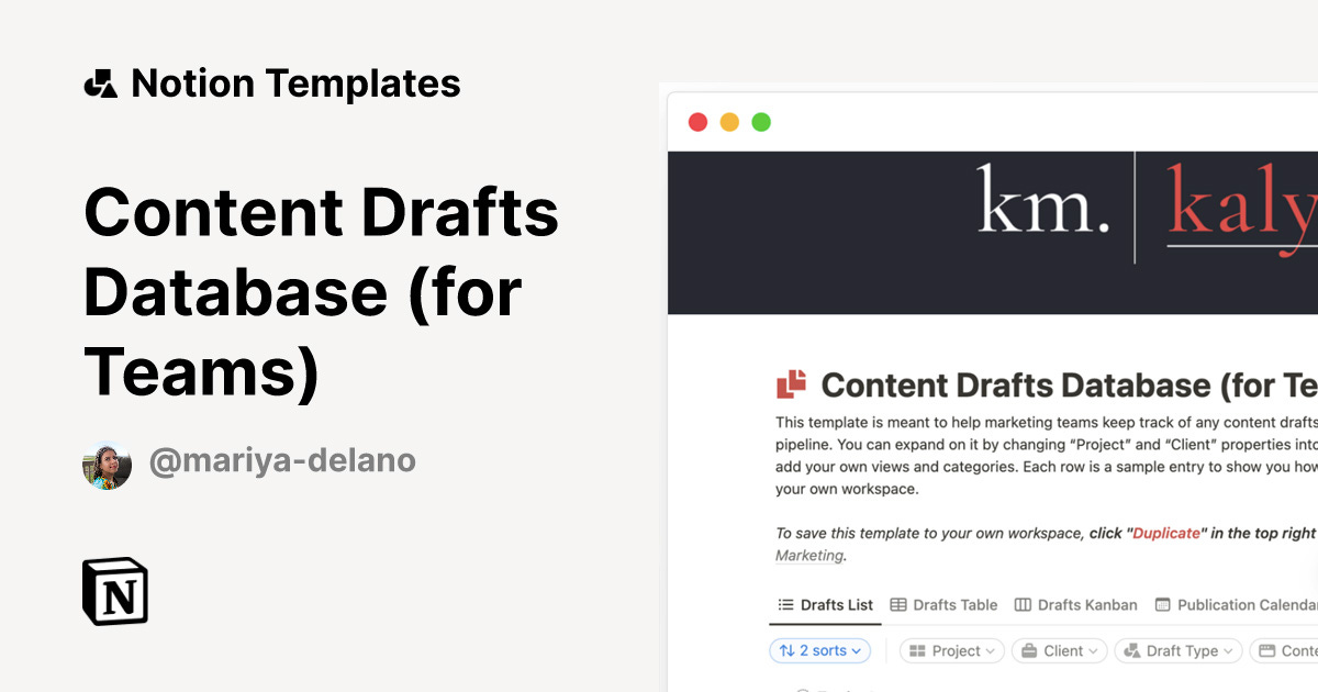 Screenshot from Notion's Template Gallery for a template named "Content Drafts Database (for Teams)" by Mariya Delano. The template costs $15.00 and you can see a screenshot of it with the list view of a database and three sample posts.