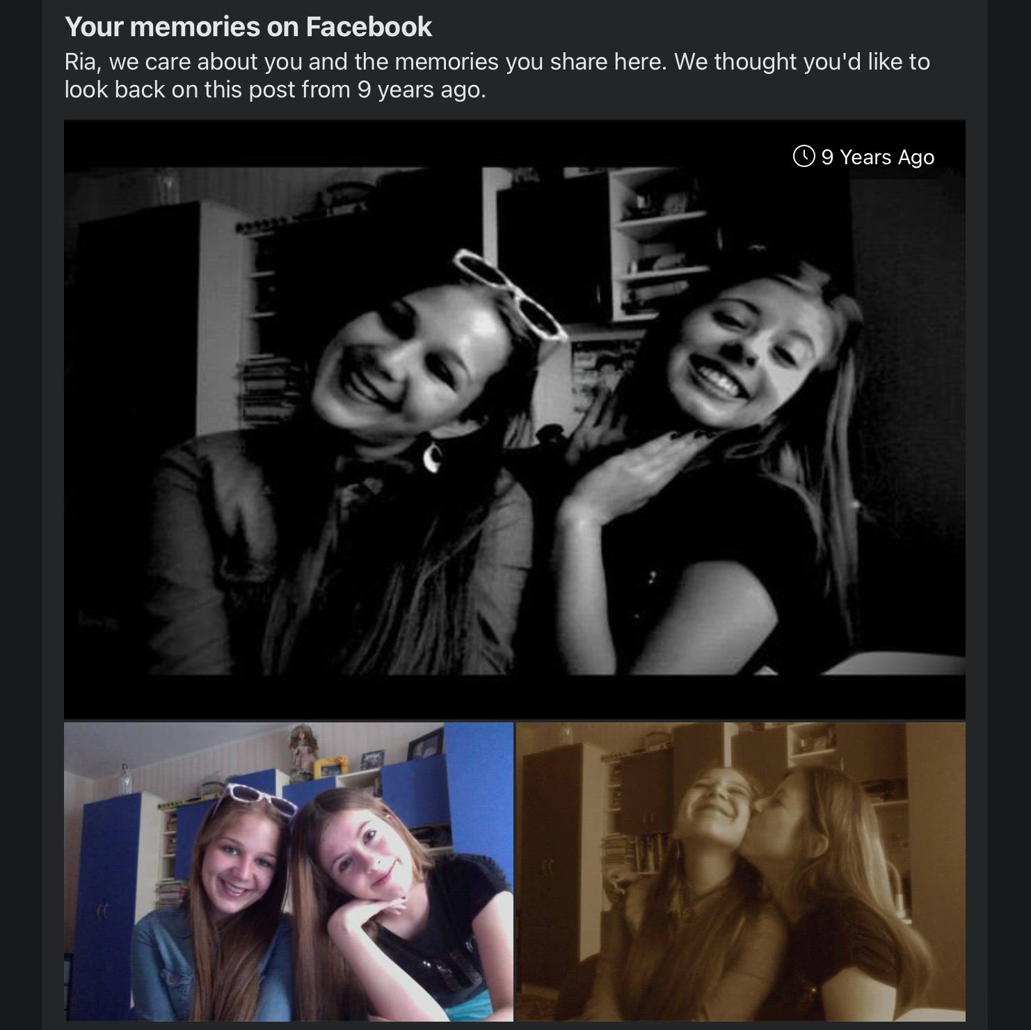 A screenshot from Facebook labeled "Your memories on Facebook" showing a post from 9 years ago with 3 webcam photos of two teenage girls with long brown hair having fun in front of a room with blue shelves.