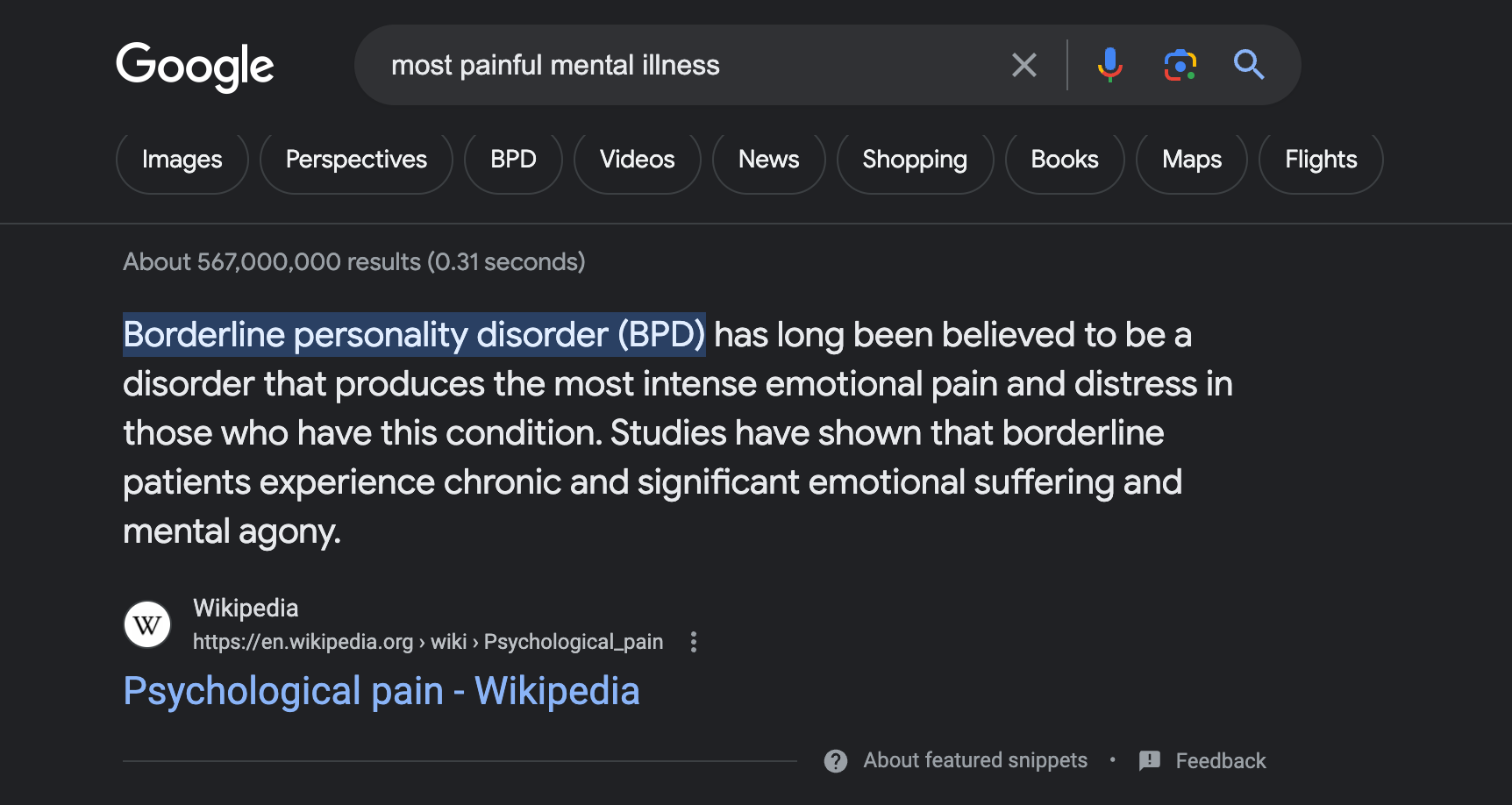 A search result for "most painful mental illness" showing a snippet explaining that it's BPD.