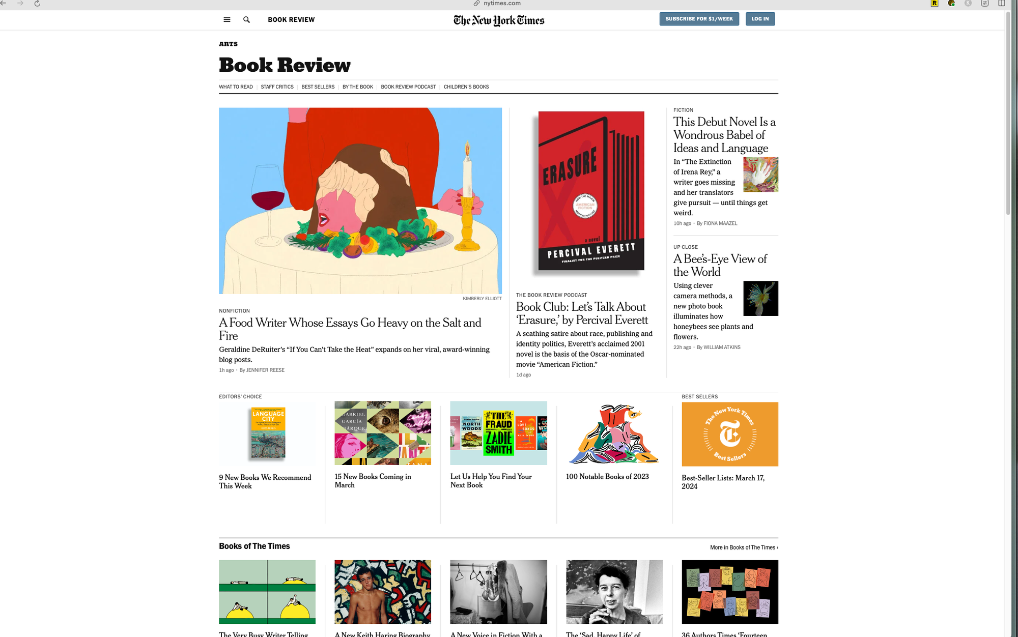 A screenshot of the New York Times “Book Review” page taken at 1:44 pm on March 9, 2024.