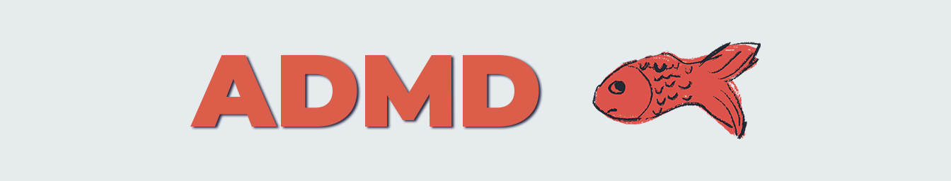 A cover image with large red letters "ADMD" and an illustration of a fish.