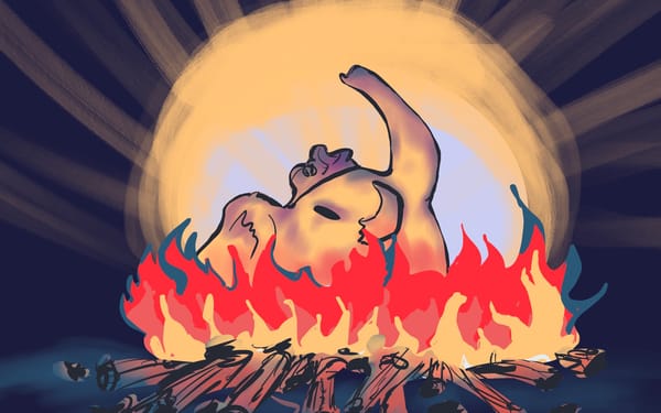 An illustration of a cartoon Mastodon rising from a bonfire.