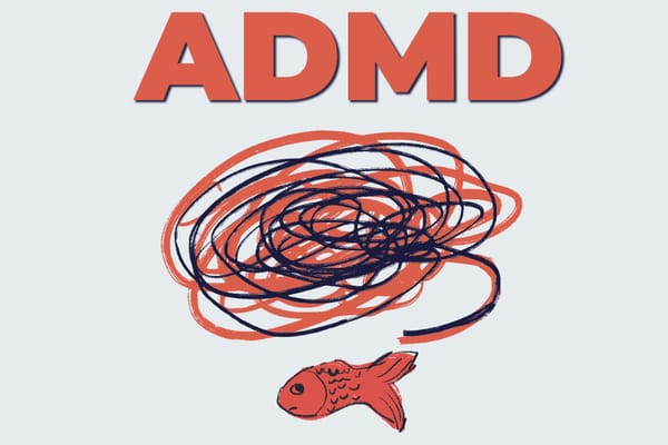 A cover image with large red letters "ADMD" and an illustration of a fish and a brain squiggle.