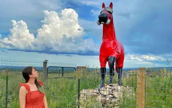 A photo of Mariya Delano in a bright green field staring up at a statue of a horse in red gas mask and suit.