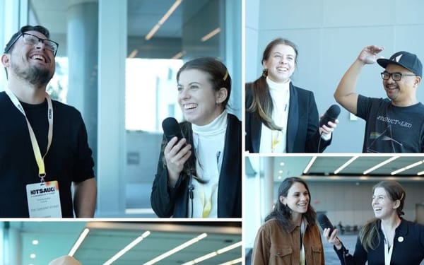 A collage of photos of Mariya Delano interviewing other marketers at a conference and laughing with them.